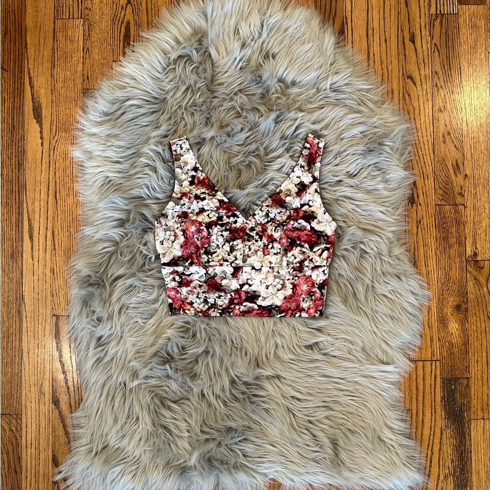 Tobi Tank Crop Top with Maroon, Olive, Black, and White Floral Design